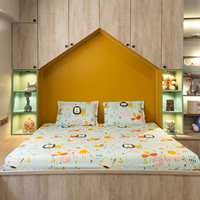 Serene 200 TC 100% Cotton Bedsheet with Pillow Covers - Lion King Sky Blue