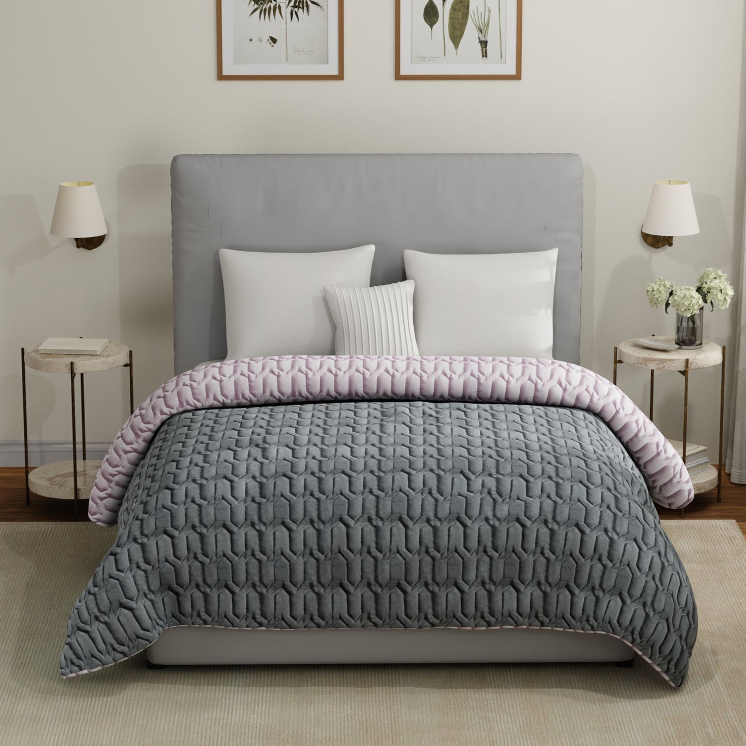 Fluffy & Heavy 200 GSM Microfiber Reversible Quilted Winter Comforters - Grey & Rose
