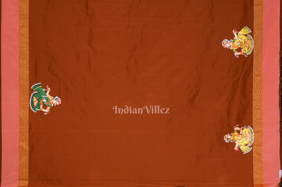 Brown Radha Krishna Raas Leela Hand-Painted Pattachitra Saree