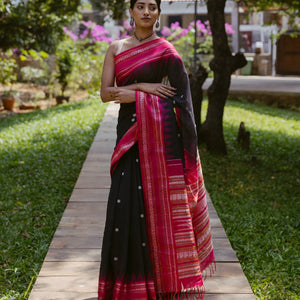 Black Handloom Korvai Kanchi Cotton Saree With Annam And Rudaksham Motifs in A Pink Border