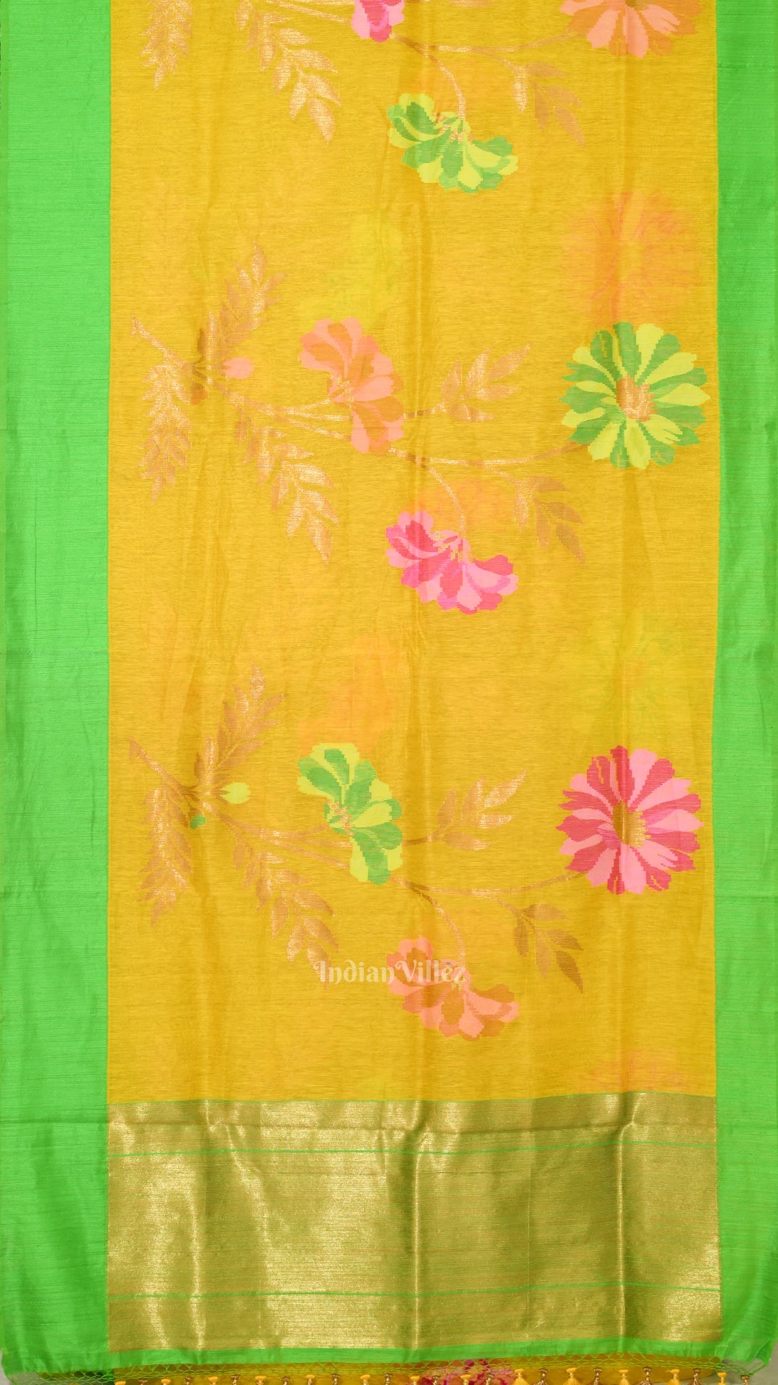 Exclusive Yellow Green Floral Theme Tissue Banarasi Silk Saree