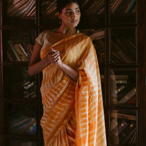 Orange Handloom Chanderi Cotton Saree With Triangular motifs in Shibori dyed technique
