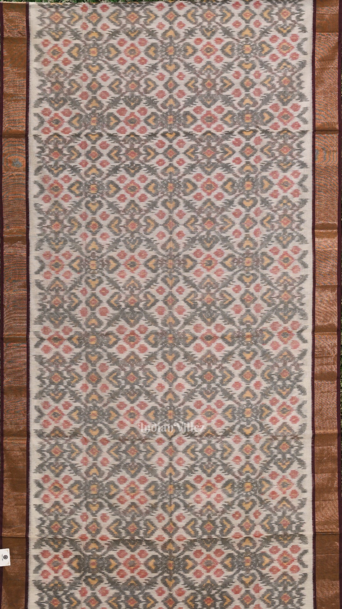 Off white Coffee Pochampally Ikat Sico (Silk & Cotton) Saree with Zari Border