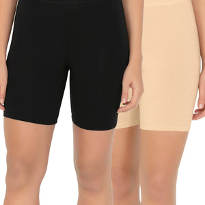 Smooth Mid-thigh Cotton Shortie Liner (Pack of 2) - Black-Nude