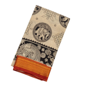 Taupe Handloom Kalamkari Cotton Saree With Printed Annam & Elephant Motifs
