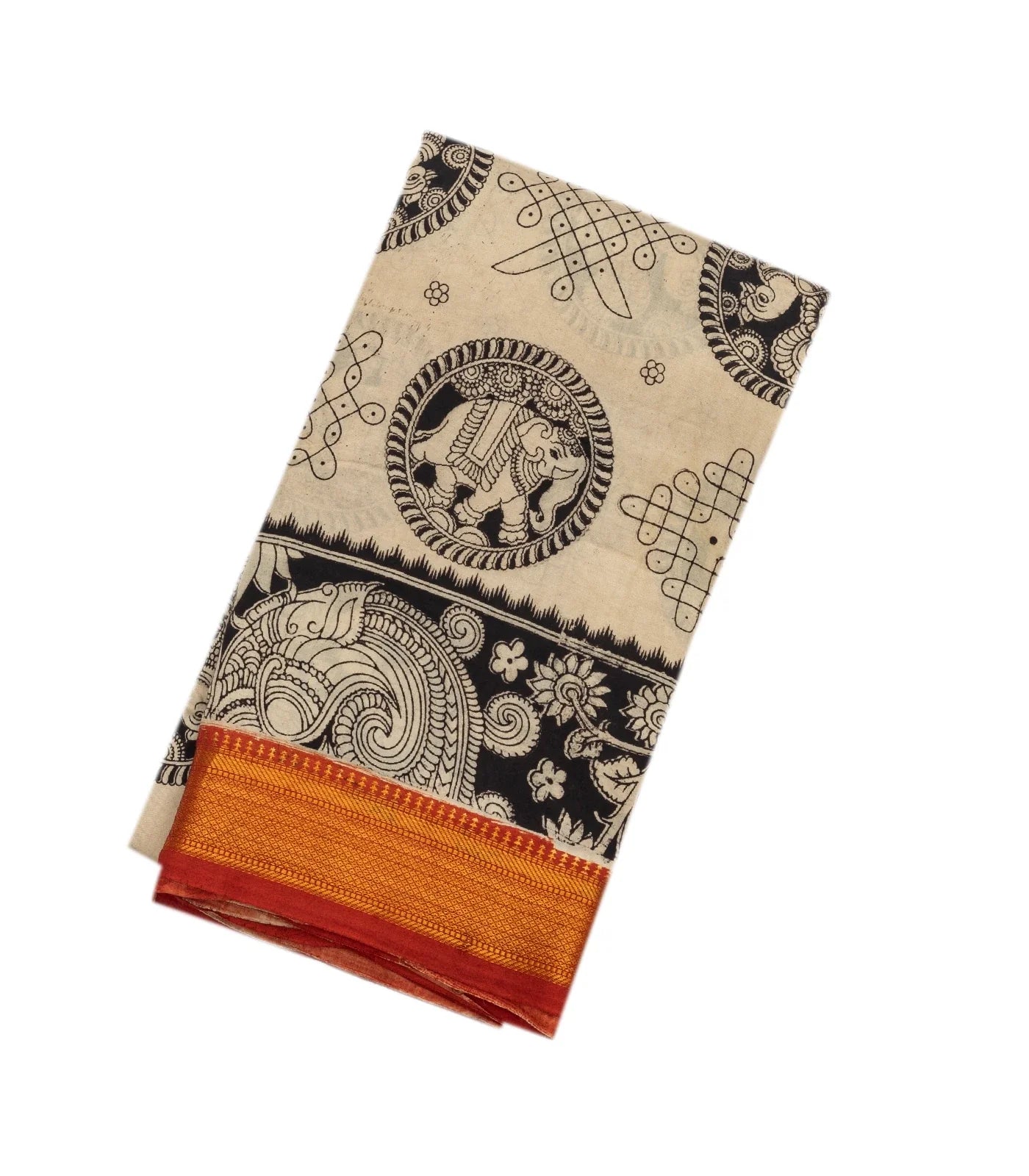 Taupe Handloom Kalamkari Cotton Saree With Printed Annam & Elephant Motifs