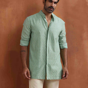 trueBrowns Men's Green Cotton Dobby Front Open Short Kurta