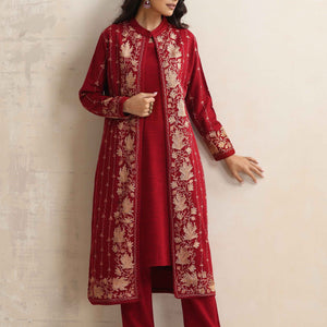 trueBrowns Red Kashmiri Woollen Jacket 3pc Set