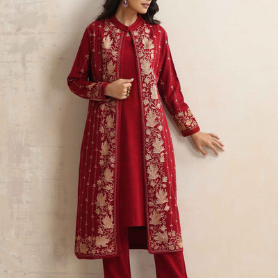 trueBrowns Red Kashmiri Woollen Jacket 3pc Set