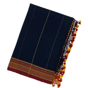 Navy Blue Handloom Bhujodi Cotton Saree With Stripes