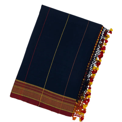 Navy Blue Handloom Bhujodi Cotton Saree With Stripes