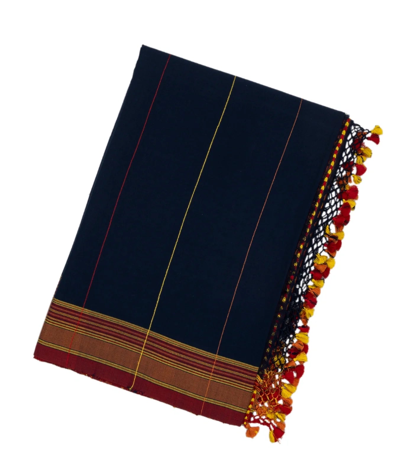 Navy Blue Handloom Bhujodi Cotton Saree With Stripes