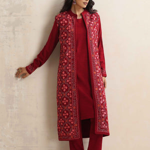 trueBrowns Maroon Kashmiri Woollen Jacket 3pc Set