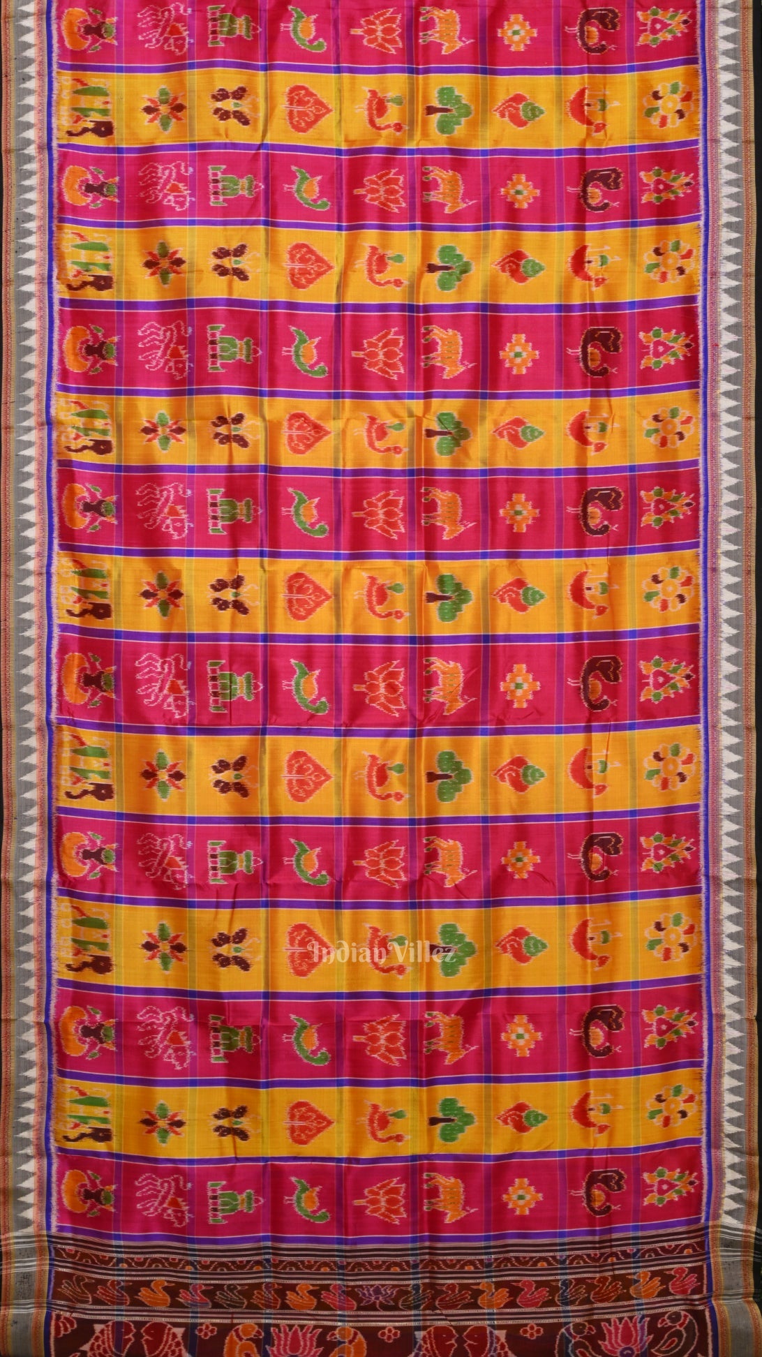 Pink Yellow Nabakothi Odisha Ikat Khandua Silk Saree