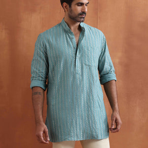 trueBrowns Men's Green Cotton Dobby Short Kurta