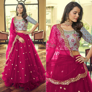 Dark Pink Sequins Embroidered Netted Lehenga Choli