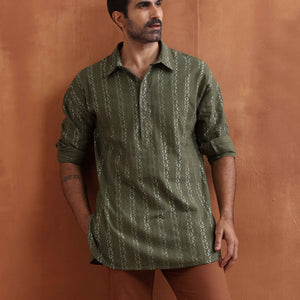 trueBrowns Men's Olive Green Cotton Dobby Short Kurta