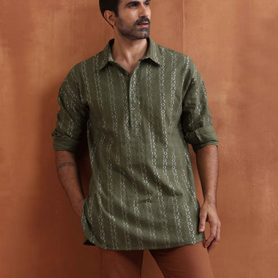 trueBrowns Men's Olive Green Cotton Dobby Short Kurta
