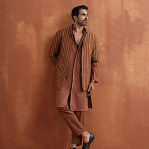 trueBrowns Men's Brown Cotton Dobby Long Jacket