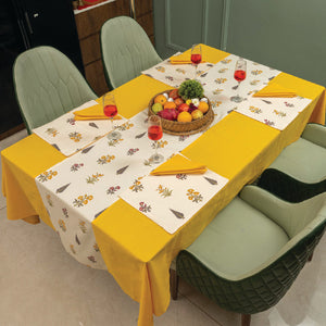 100% Cotton Dining table cover Combo - 1 Table Cloth, 4 reversible Placemats and 4 matching solid-colored Napkins - High Garden Yellow