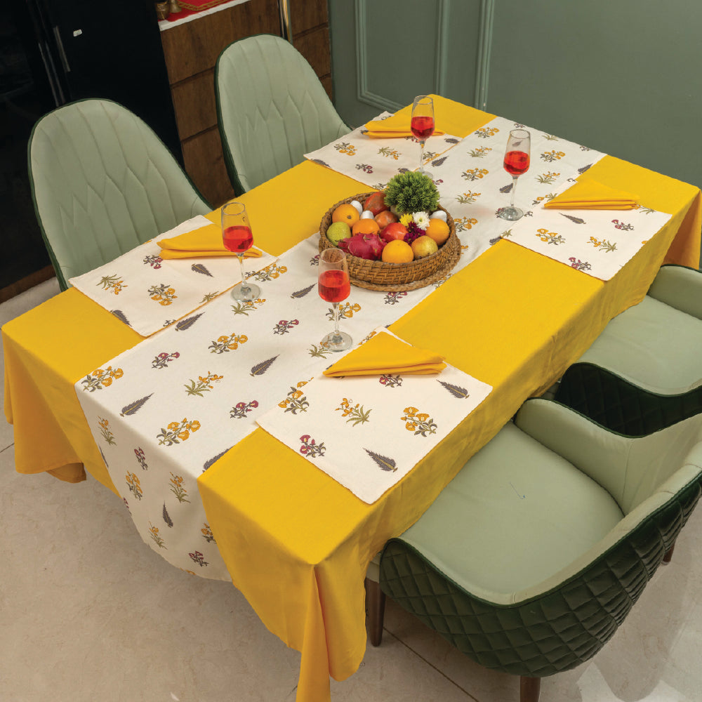100% Cotton Dining table cover Combo - 1 Table Cloth, 4 reversible Placemats and 4 matching solid-colored Napkins - High Garden Yellow