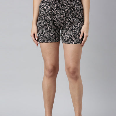 Women Printed Black Mid Rise Woven Viscose Lounge Short
