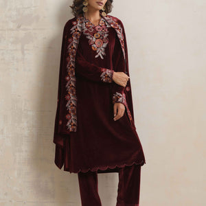trueBrowns Maroon Velvet Floral Embroidered Kurta Pant Dupatta Set