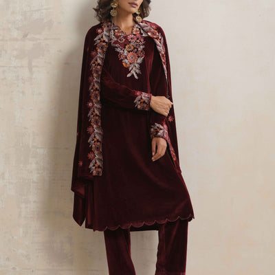 trueBrowns Maroon Velvet Floral Embroidered Kurta Pant Dupatta Set