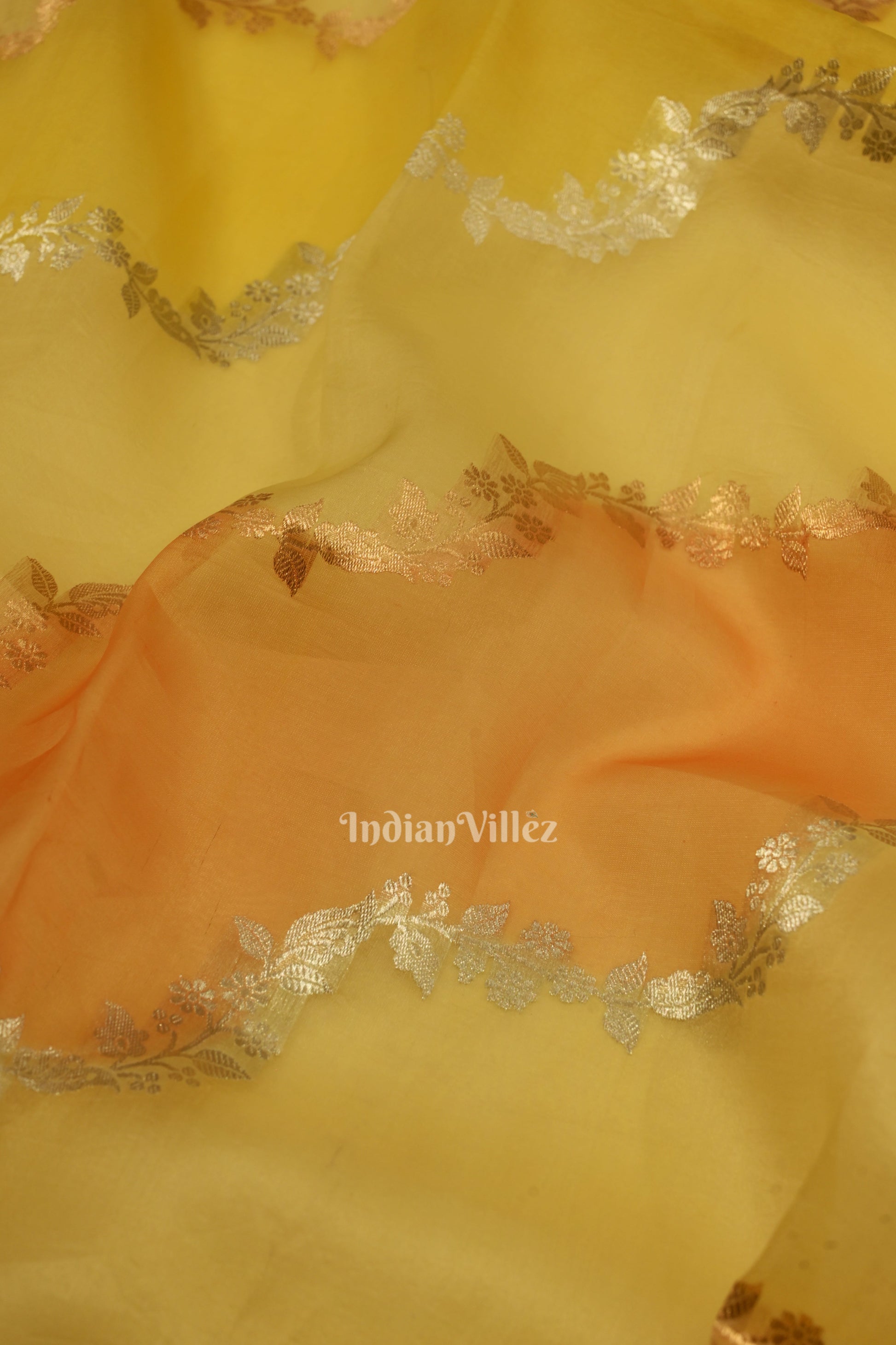 Lemon Yellow Pure Kora organza Banarasi Tissue Saree
