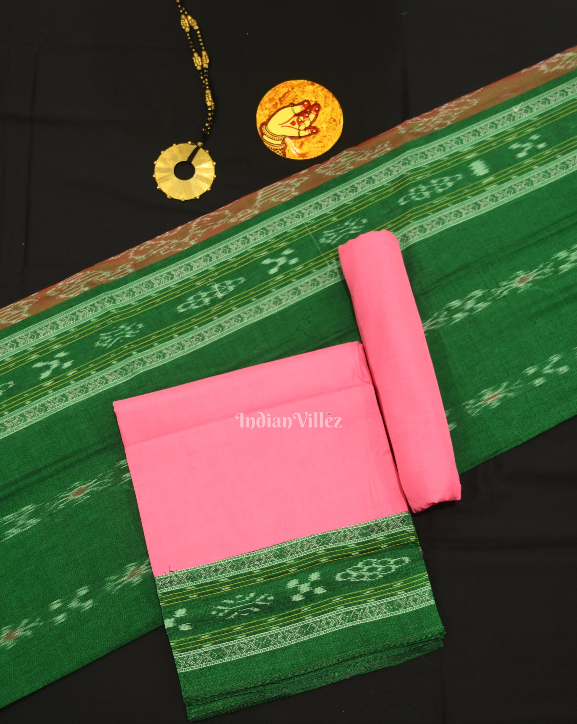 Forest Green Pink Pasapali Sambalpuri Cotton Dress set with Dupatta