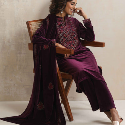 trueBrowns Purple Velvet Floral Embroidered Kurta Pant Dupatta Set