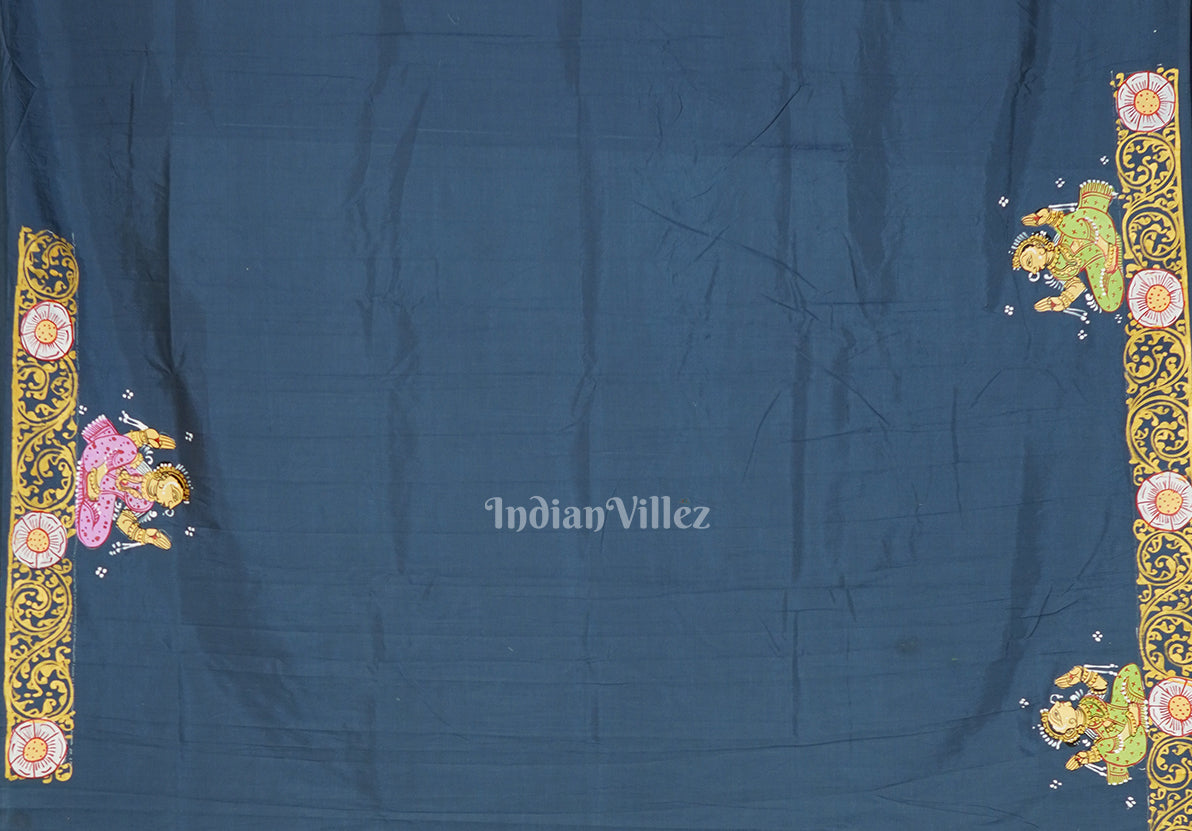 Peacock Blue Radha Krishna Boita Hand-Painted Pattachitra Saree