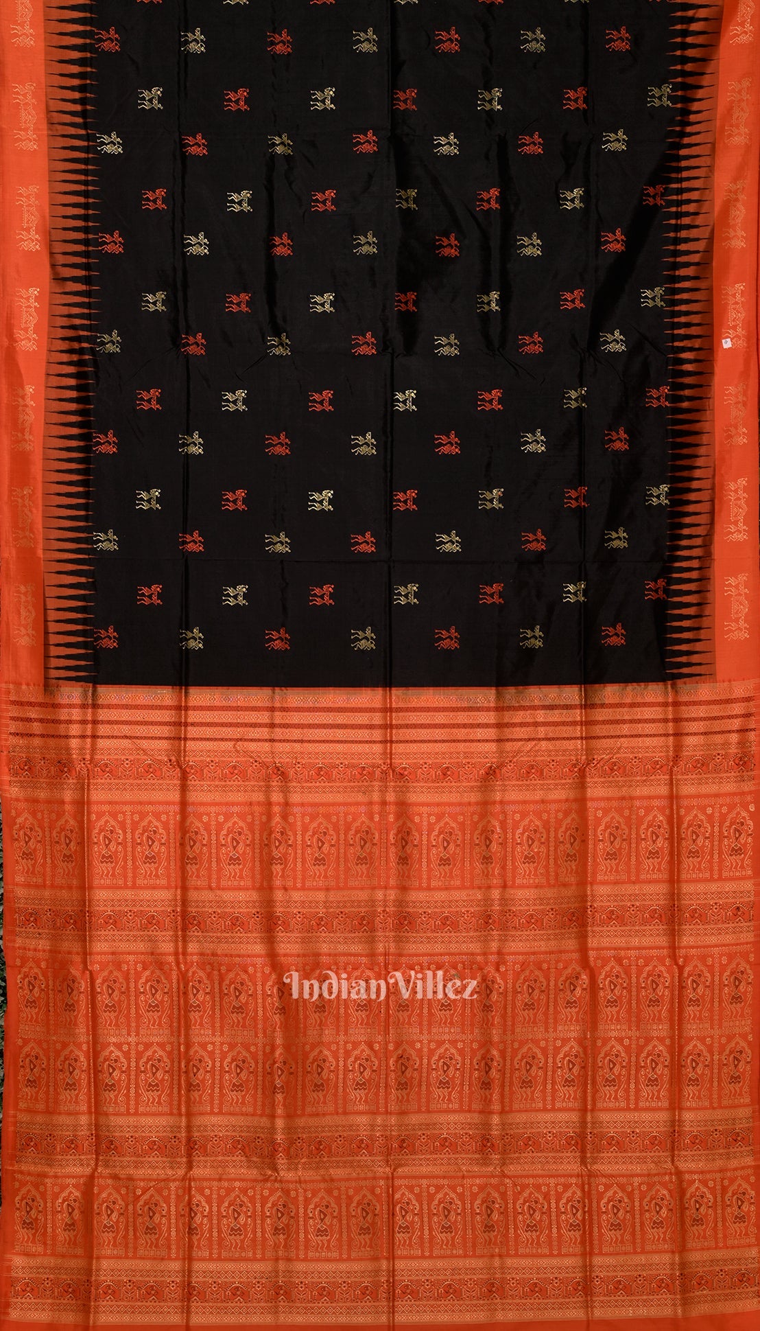Black Orange Tribal Sambalpuri Ikat Bomkai Silk Saree