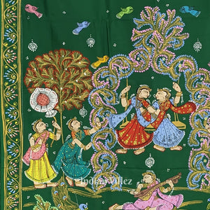Green Raja Nartaki Theme Hand-Painted Pattachitra Saree