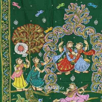 Green Raja Nartaki Theme Hand-Painted Pattachitra Saree