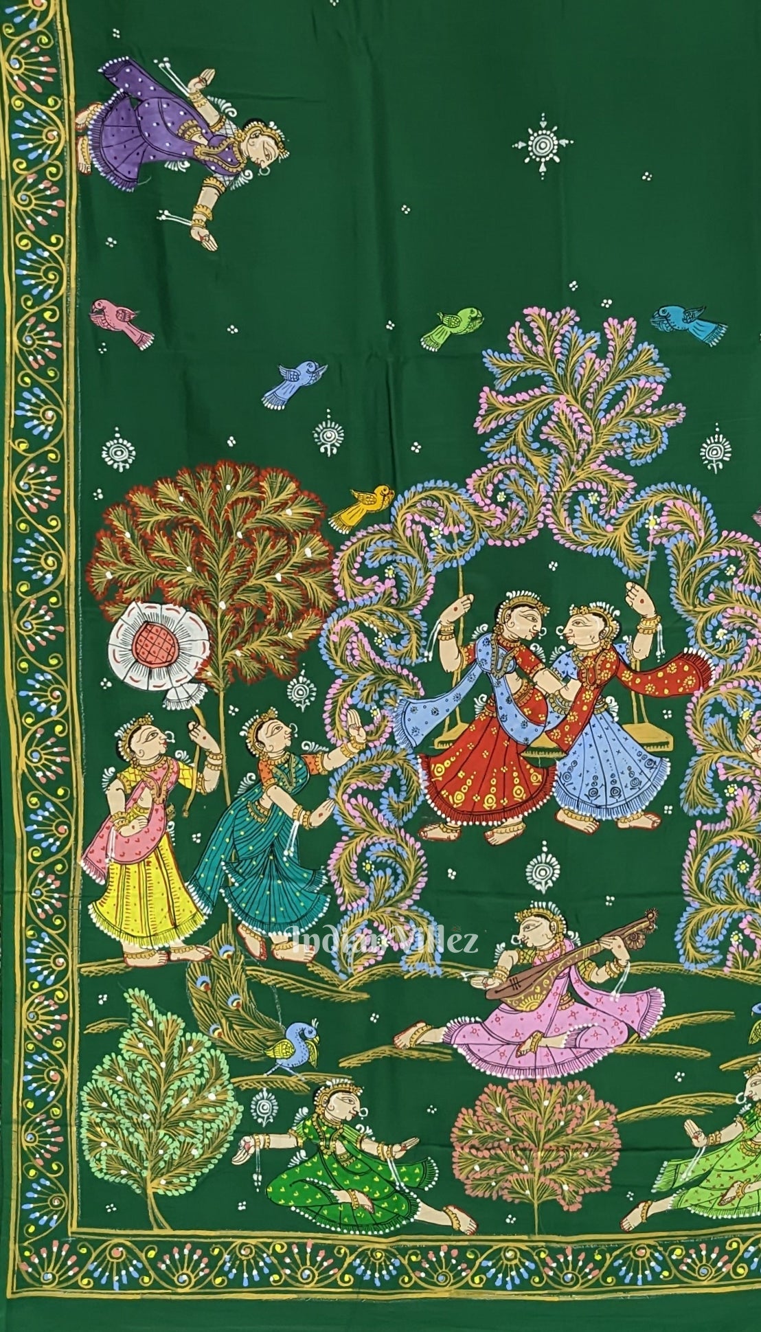 Green Raja Nartaki Theme Hand-Painted Pattachitra Saree