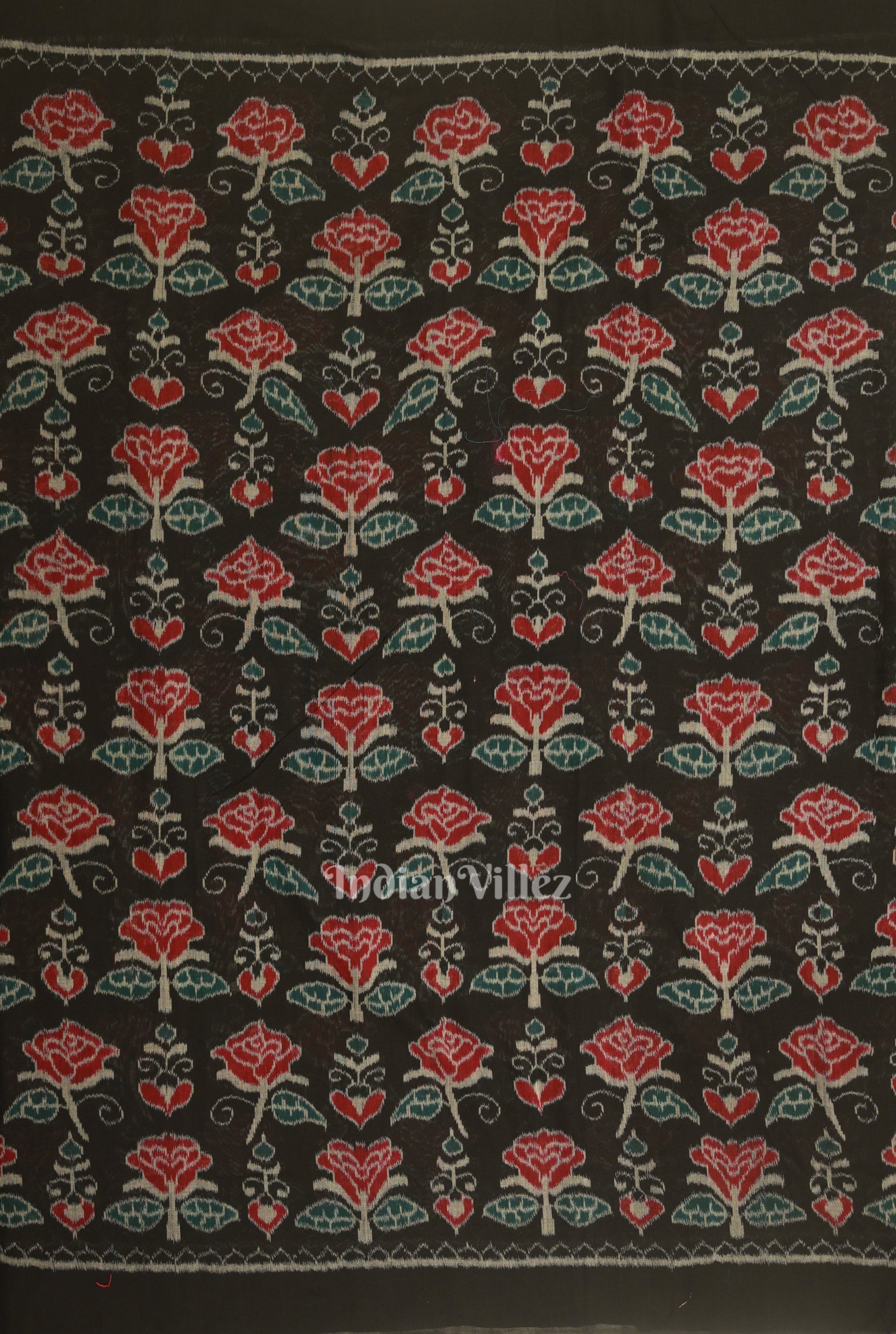 Black Rose Flower Motif Sambalpuri Ikat Cotton Fabric