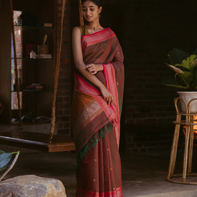 Brown Handloom Kanchi Cotton Saree With Diamond Motifs