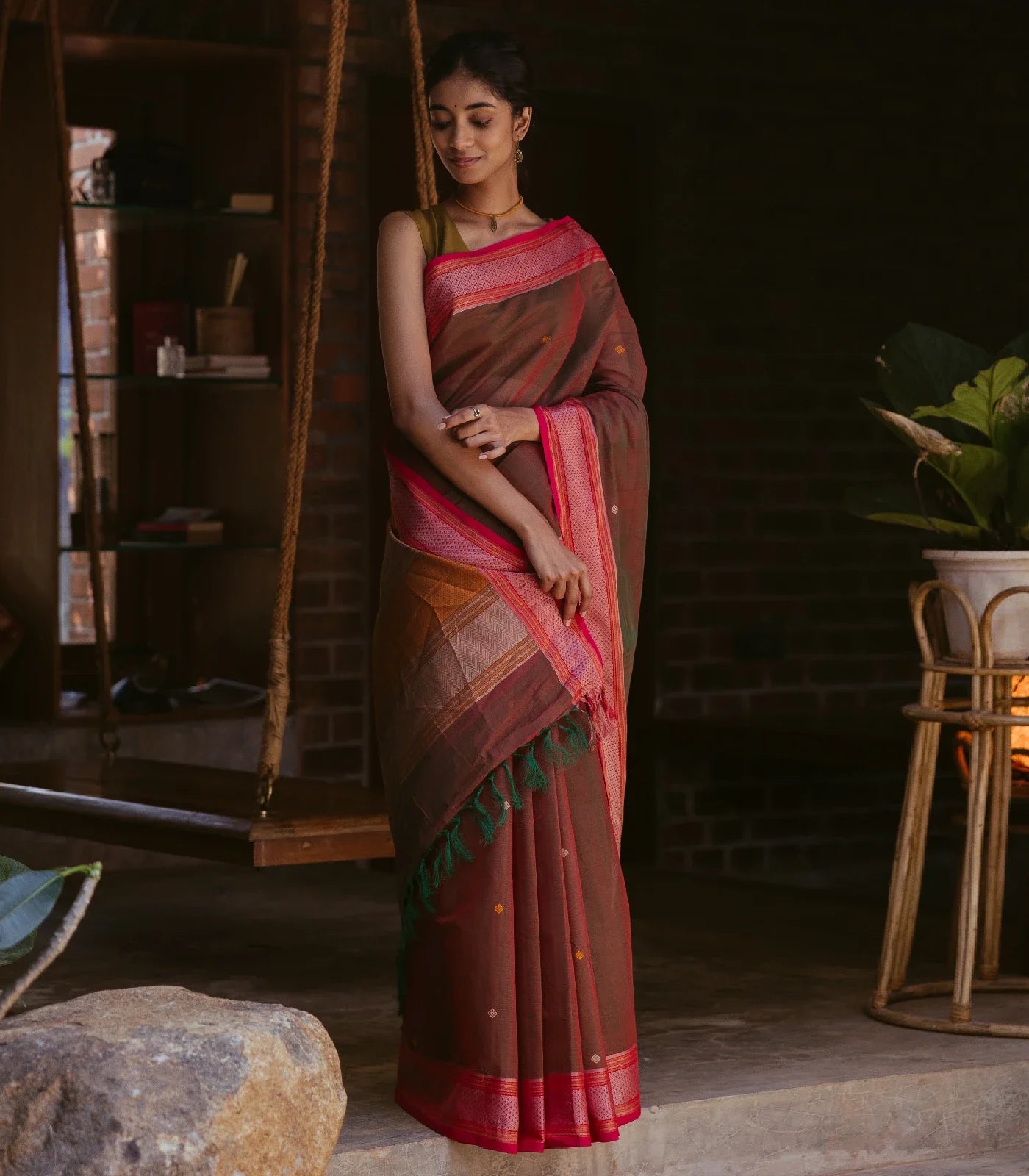 Brown Handloom Kanchi Cotton Saree With Diamond Motifs