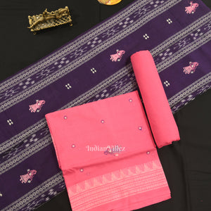Navy Blue with Pink Doll Odisha Ikat  Sambalpuri Dress Material & Dupatta