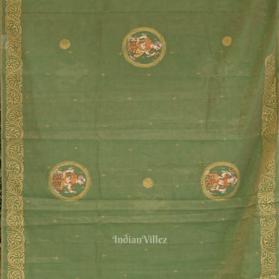 Green Nartaki Theme Hand- Painted Pattachitra Saree