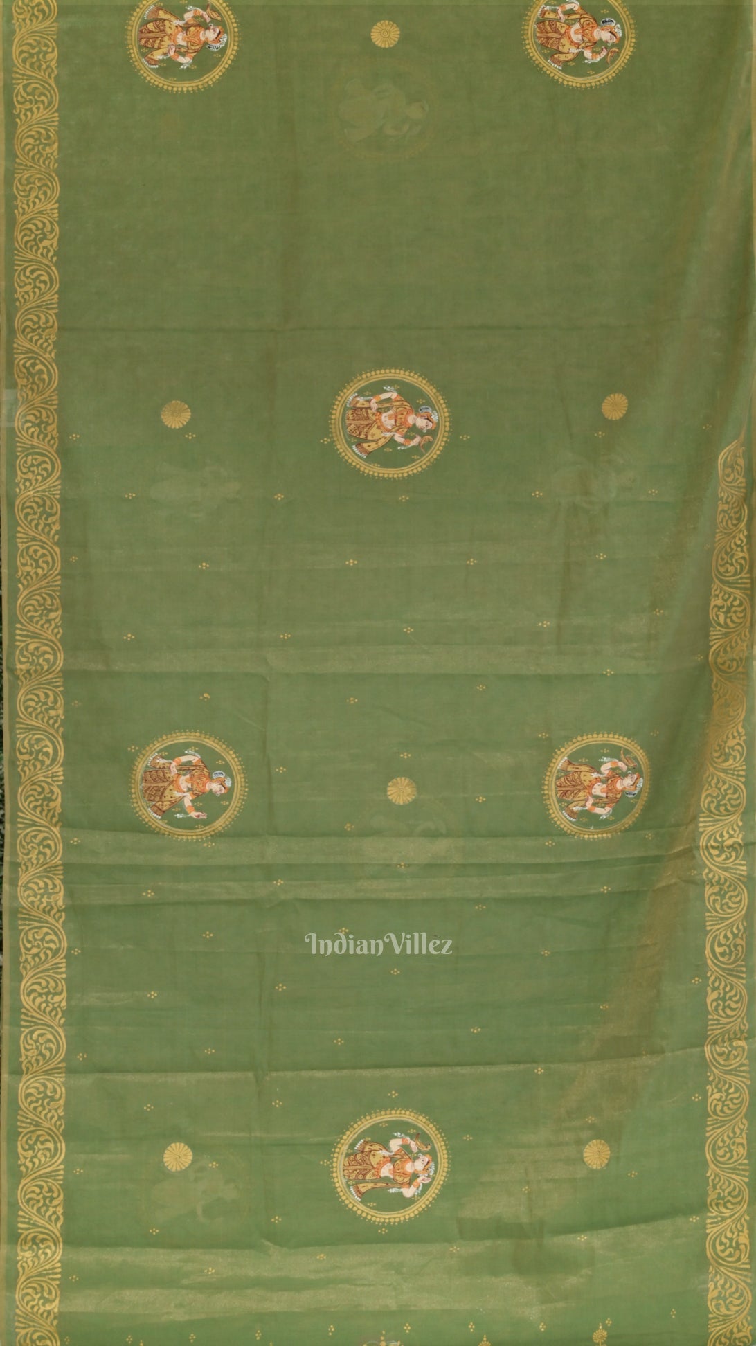 Green Nartaki Theme Hand- Painted Pattachitra Saree