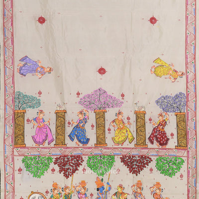 White Krishna Boita Hand-Painted Pattachitra Saree
