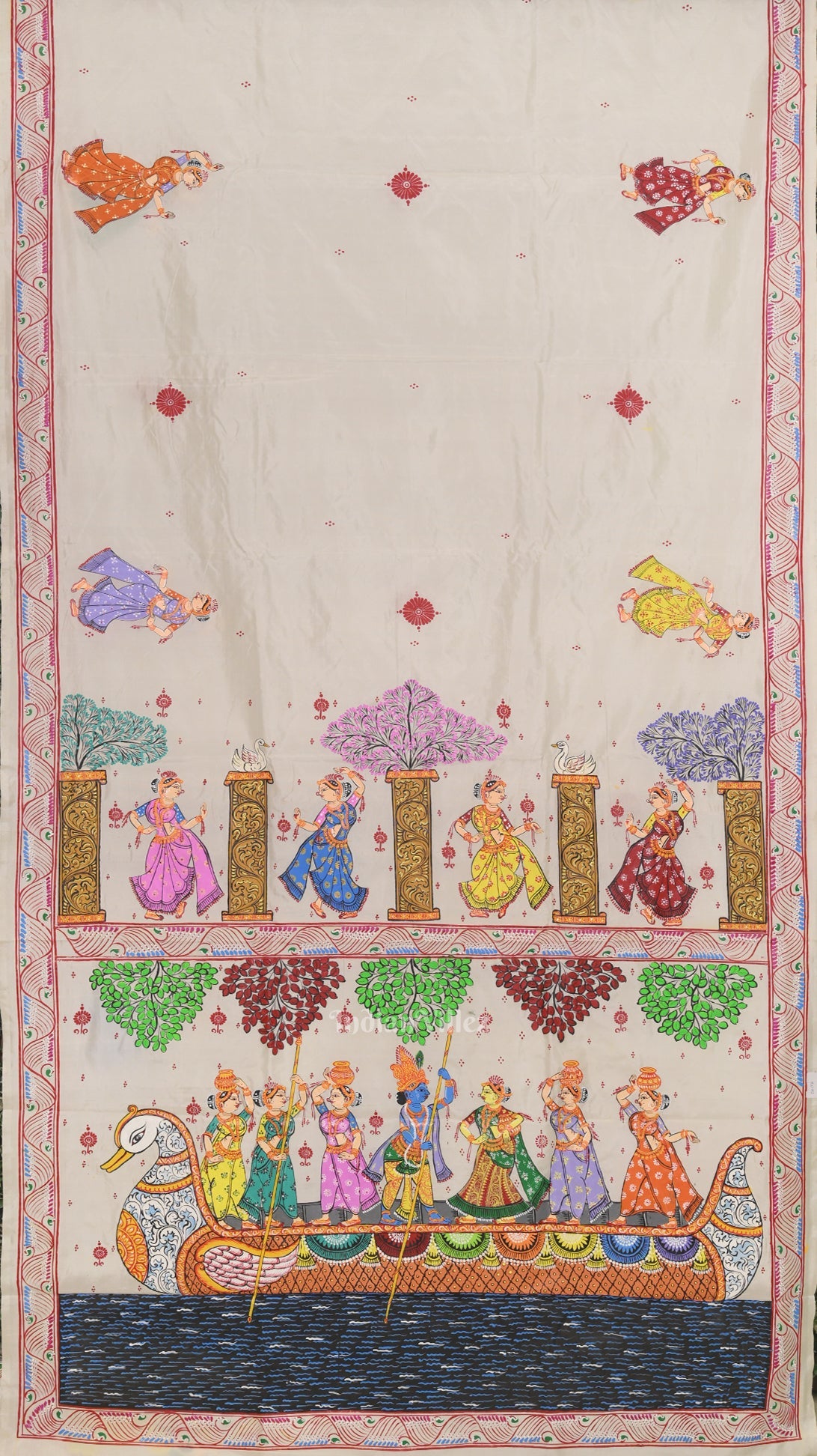White Krishna Boita Hand-Painted Pattachitra Saree