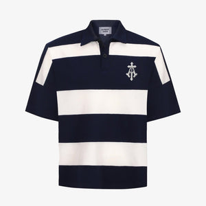 ALMOST GODS | ALPHA CROSS WOVEN STRIPED POLO { NAVY/WHITE