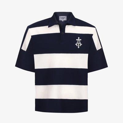 ALMOST GODS | ALPHA CROSS WOVEN STRIPED POLO { NAVY/WHITE