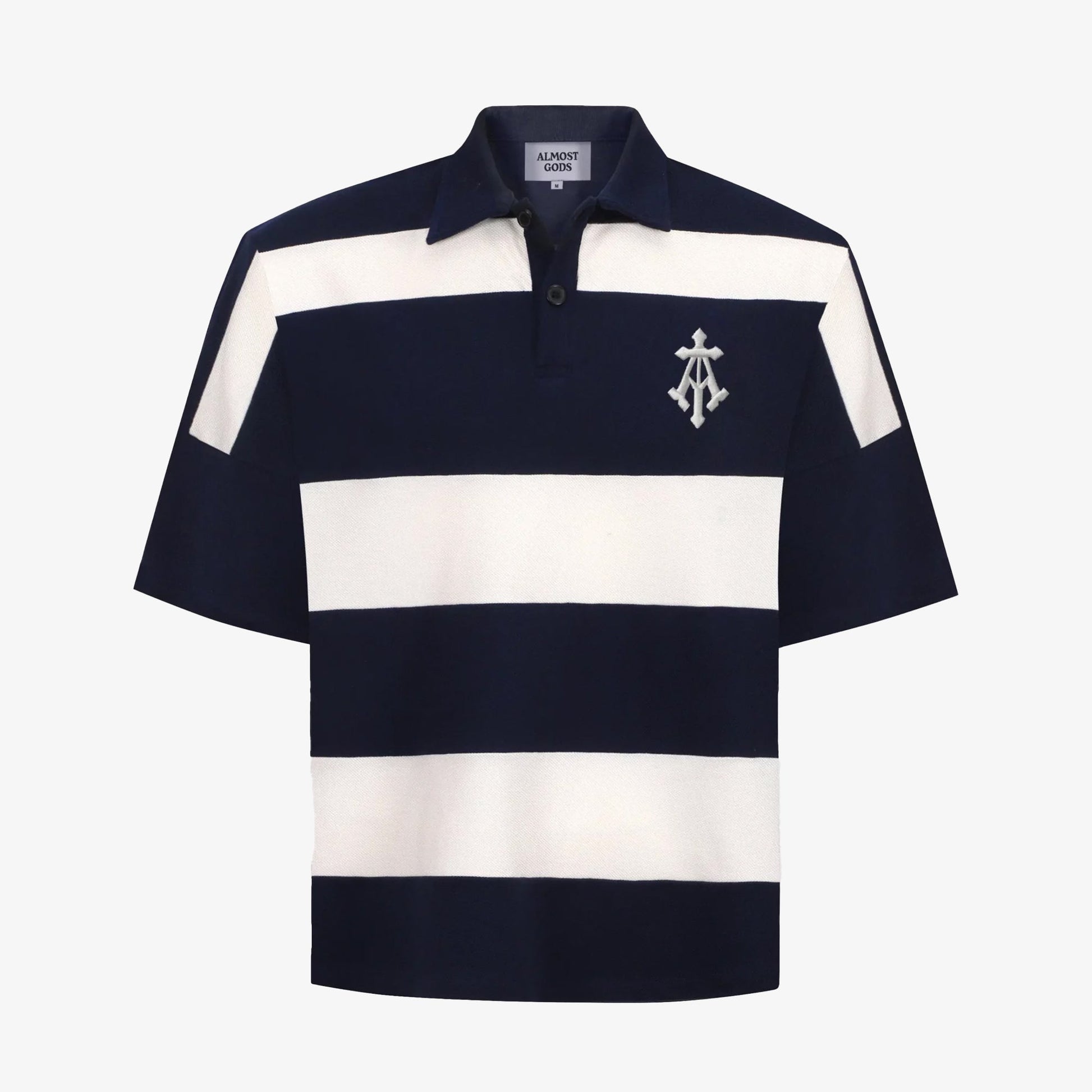 ALMOST GODS | ALPHA CROSS WOVEN STRIPED POLO { NAVY/WHITE