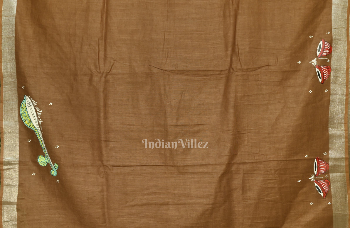 Caramel Musical Theme Hand-Painted Pattachitra Saree
