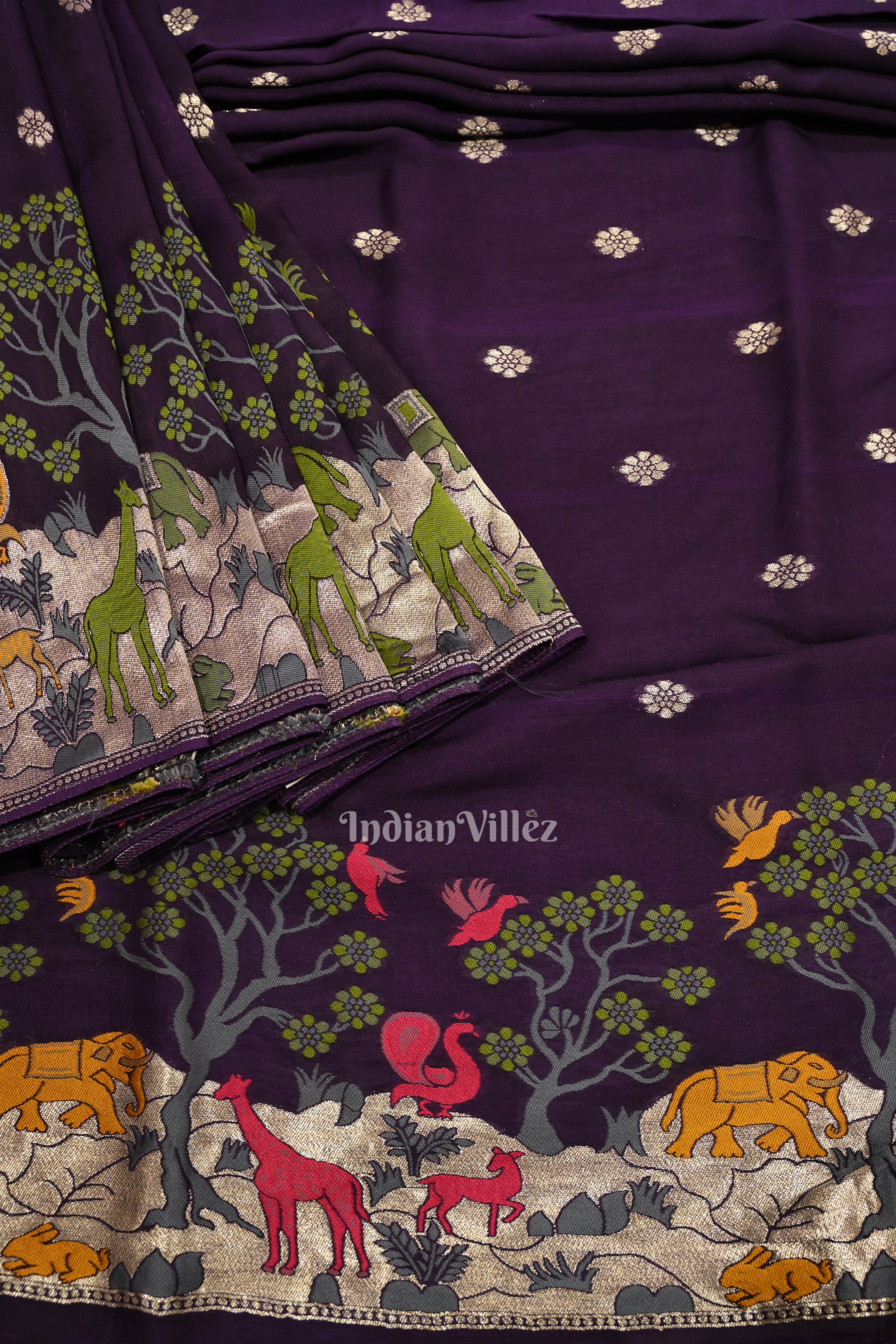 Violet Shikargah Theme Tussar Khaddi Georgette Banarasi Saree