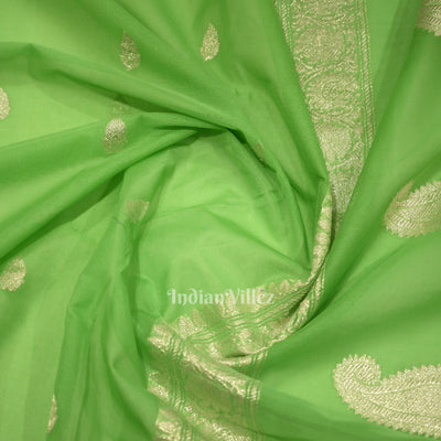 Parrot Green Pure Khaddi Chiffon Banarasi Saree